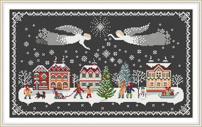 Merry Christmas Cross Stitch Pattern, Sampler Christmas Angels, Merry Christmas Houses Primitive Pattern PDF Digital File 251 image 2