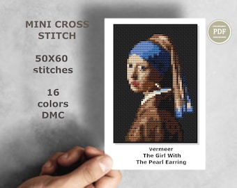 Mini cross stitch pattern Modern tiny art - Vermeer - Girl with a pearl earring Famous art Tiny miniature painting cross stitch PDF pattern