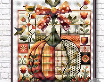 Gráfico de ponto cruz de abóbora de outono em PDF - Amostra de Halloween em patchwork com design folclórico - Gráfico de bordado para decoração de outono - Download instantâneo 533