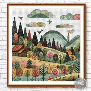 Pode incluir: Padrão de ponto cruz com uma paisagem colorida e estilizada com uma casa, árvores e colinas. O padrão inclui uma variedade de cores, incluindo verde, azul, amarelo e vermelho.