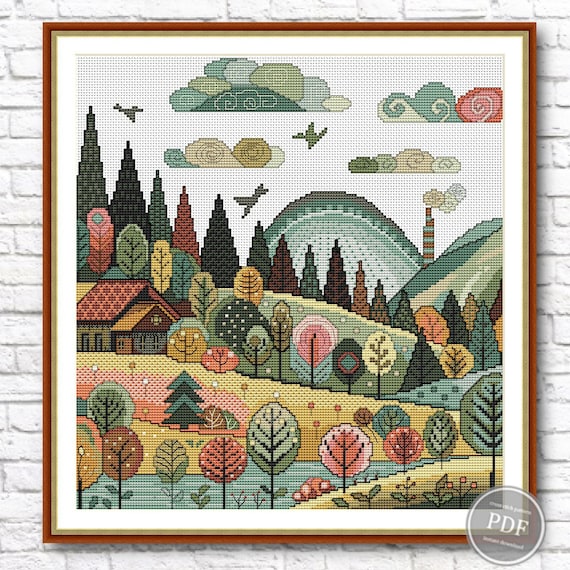 Preview of Autumn Village Cross Stitch Pattern PDF – Forest Landscape, Seasonal Embroidery, Modern Home Decor, DIY Needlework, Instant Download 451 by NARAxStitchPatterns