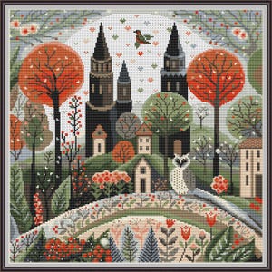 May include: A cross-stitch pattern featuring a whimsical village scene with tall buildings, trees, and a bird flying overhead. The scene is set against a white background with a light blue sky. The pattern is made up of colorful squares and is perfect for a beginner cross-stitcher.