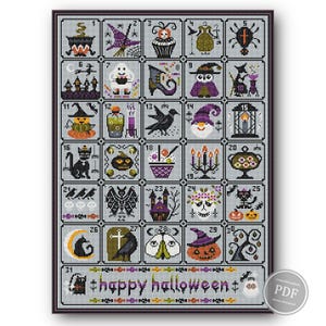 May include: A grey and white cross-stitch pattern featuring 31 different Halloween-themed images. The images include a cauldron, a ghost, a bat, a witch, a pumpkin, a cat, a spider, a crow, a skull, a haunted house, and a graveyard. The pattern is titled "Happy Halloween".