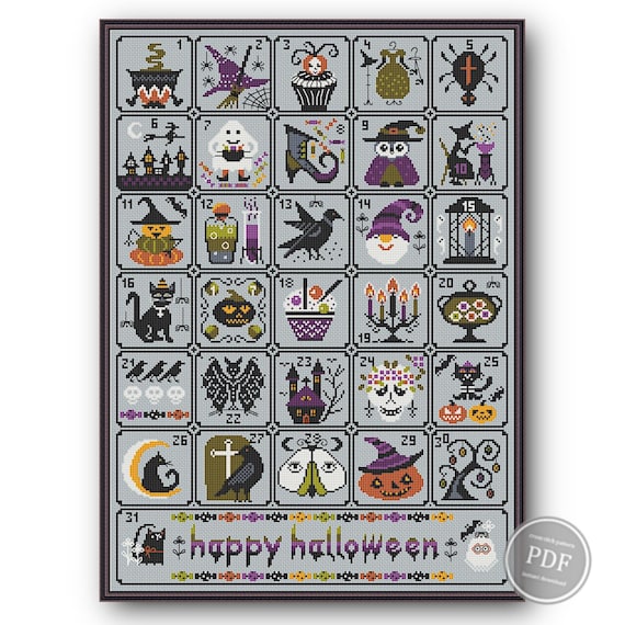 Preview of Halloween Cross Stitch Pattern PDF - Advent Calendar Sampler, Spooky Counted Embroidery Design, Instant Download DIY Decor PatternKeeper 481 by NARAxStitchPatterns