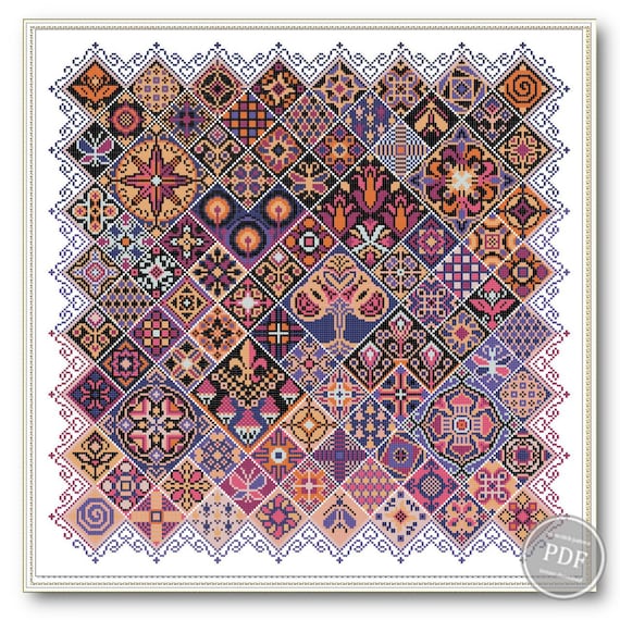 Preview of Geometric Garden Cross Stitch Pattern PDF - Spring Sampler, Folk Ethnic Mosaic Design, Modern Embroidery Digital Download PatternKeeper 460 by NARAxStitchPatterns