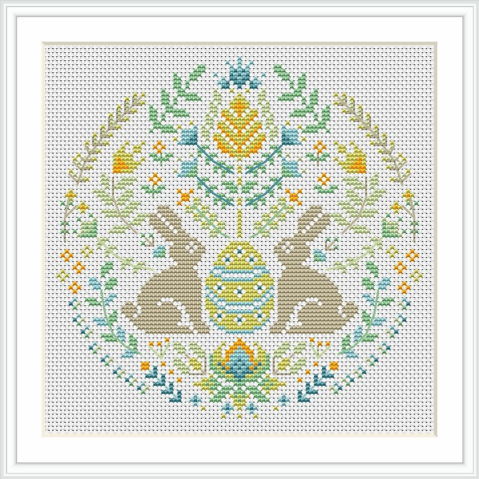 Easter Bunny Cross Stitch Pattern - Bunny With Flower Wreath, Egg Hunt ...