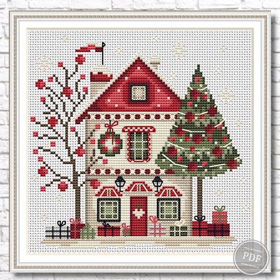 Preview of Cross stitch pattern Merry Christmas house, Winter house cross stitch, Merry Christmas village, Christmas tree. Instant download PDF by NARAxStitchPatterns