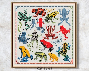 May include: Cross stitch pattern featuring a variety of colorful frogs, including red, blue, green, yellow, and black frogs. The pattern is surrounded by a red and blue border.