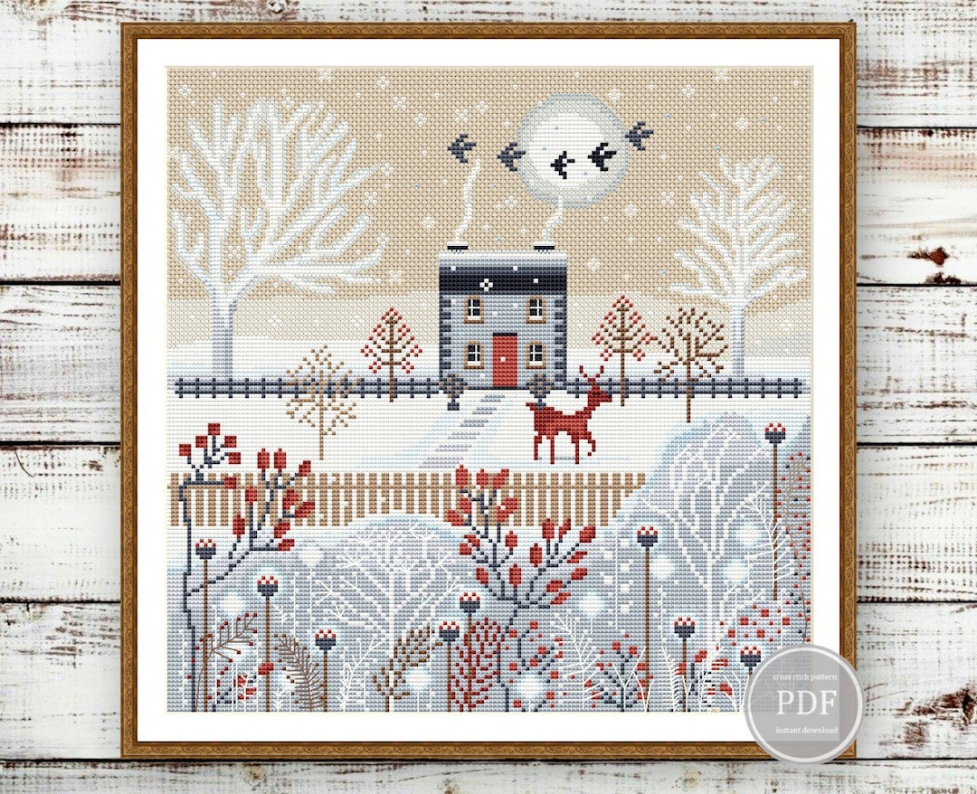Winter Cross Stitch Pattern PDF, Winter Village Embroidery, Scandinavian Primitive, Winter House, Deer, Digital PDF - Etsy winter-cross-stitch-pattern-pdf-winter-village-embroidery-scandinavian-primitive-winter-house-deer-digital-pdf-etsy