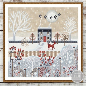 Winter Cross Stitch Pattern PDF – Scandinavian Village, Deer, Primitive House, Christmas Embroidery, Instant Download, DIY Needlework 304