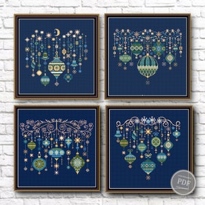 Conjunto de patrones de punto de cruz para guirnaldas navideñas: bordado de adornos modernos, decoración navideña (PDF), 4 diseños festivos para bordar en invierno