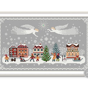 Merry Christmas Cross Stitch Pattern, Sampler Christmas Angels, Merry Christmas Houses Primitive Pattern PDF Digital File 251 image 1