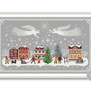 Christmas Angels Sampler Cross Stitch Pattern PDF, Primitive Christmas Houses Winter, Holiday Village Embroidery Design Instant Download 251