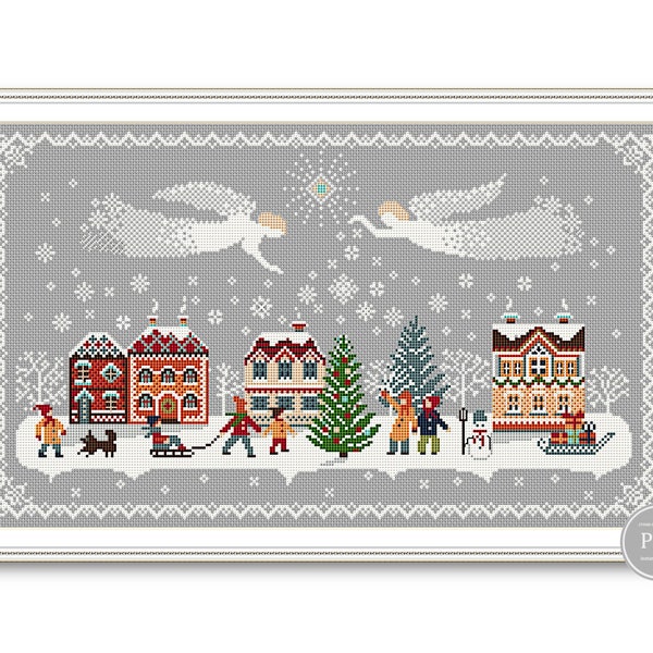 Merry Christmas Cross Stitch patroon, Sampler kerst engelen, Merry Christmas huizen primitief patroon PDF digitaal bestand 251