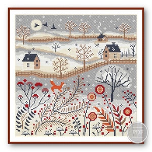 Cross Stitch Pattern PDF Winter Village Cross Stitch, Fox Cross stitch, Scandinavian Primitive, Winter House Digital PDF Instant Download