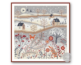 Cross Stitch Pattern PDF Winter Village Cross Stitch, Fox Cross stitch, Scandinavian Primitive Winter House Digital PDF Instant Download 290