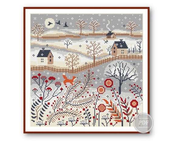 Preview of Cross Stitch Pattern PDF Winter Village Cross Stitch, Fox Cross stitch, Scandinavian Primitive Winter House Digital PDF Instant Download 290 by NARAxStitchPatterns