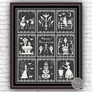 Spooky Halloween Sampler Cross Stitch Pattern Spooky Bats Witches PDF ...