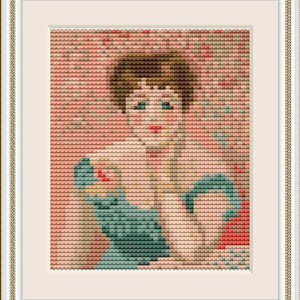 Famous art cross stitch design featuring Renoir's iconic portrait, ideal for DIY embroidery and decor.