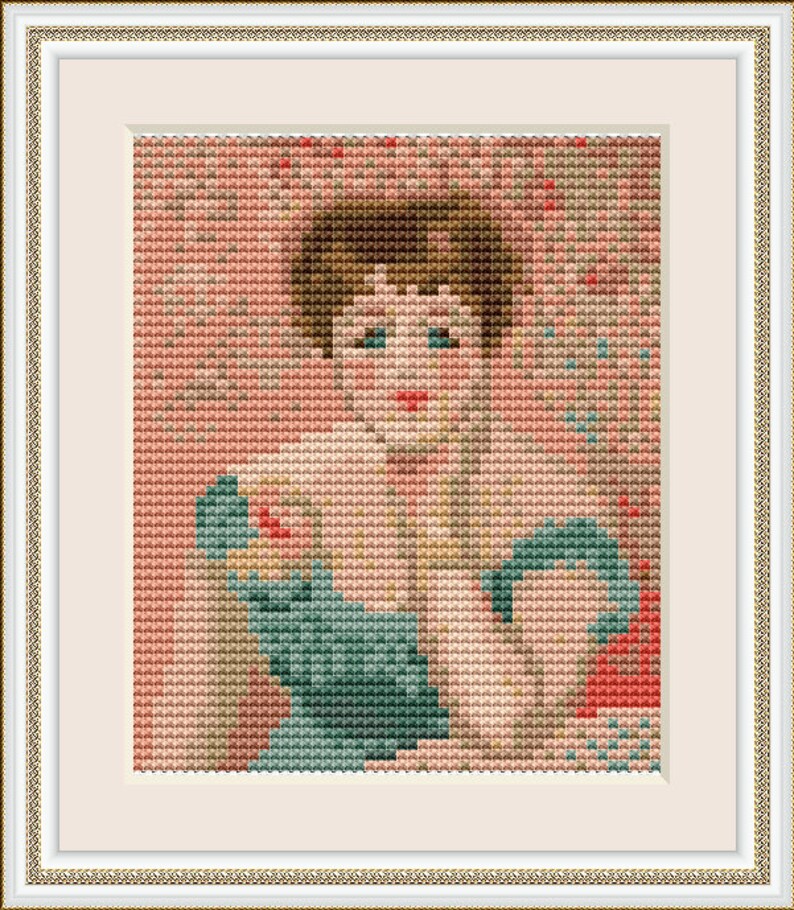Famous art cross stitch design featuring Renoir's iconic portrait, ideal for DIY embroidery and decor.
