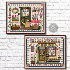 Set of cross stitch patterns Summer primitive. Cottage sampler. Modern cross stitch. Summer House Instant Digital PDF Download