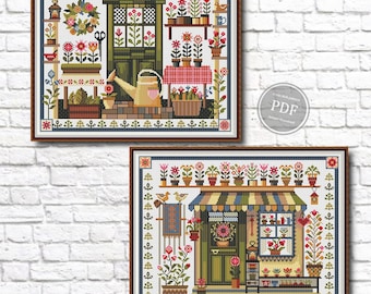Set von Kreuzstichmustern Sommer primitiv. Landhaus Mustertuch. Moderner Kreuzstich. Sommer Haus Instant Digital PDF Download