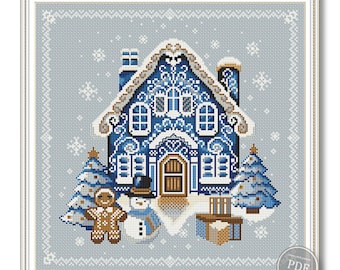 Cross stitch pattern Blue Gingerbread house Christmas Cross Stitch Pattern New Year&#39;s Cross Stitching Christmas PDF pattern Instant download