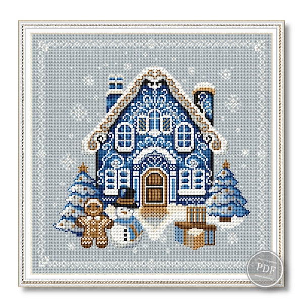 Cross stitch pattern Blue Gingerbread house Christmas Cross Stitch Pattern New Year's Cross Stitching Christmas PDF pattern Instant download