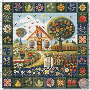 May include: A cross-stitch pattern featuring a cottage with a yellow path, a large tree with colorful circular leaves, and a garden filled with flowers. The scene is framed by a border of small squares containing various botanical illustrations.