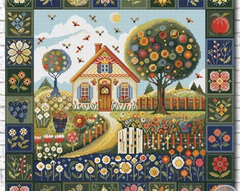 Summer Cottage Cross Stitch PDF Pattern, Fairytale Village Landscape PDF, Floral House Sampler, Vintage xStitch, Printable Chart 561-3