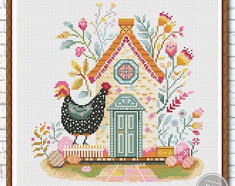 Gráfico em PDF de ponto cruz para a Páscoa nº 2. Casa de Páscoa, galinha da Páscoa, decoração de primavera para o feriado, bordado faça você mesmo, download instantâneo 558