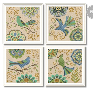 Cross Stitch Patterns Set of 4 Scandinavian Birds, Modern Embroidery, Primitive Sampler Nordic Style PDF Pattern, Instant Download 366