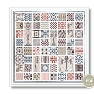 Vintage-inspired cross stitch sampler featuring ornamental tiles and elegant lanterns in warm earthy colors, PDF digital embroidery pattern for home decor.