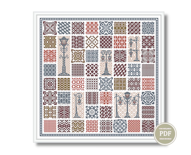 Vintage-inspired cross stitch sampler featuring ornamental tiles and elegant lanterns in warm earthy colors, PDF digital embroidery pattern for home decor.