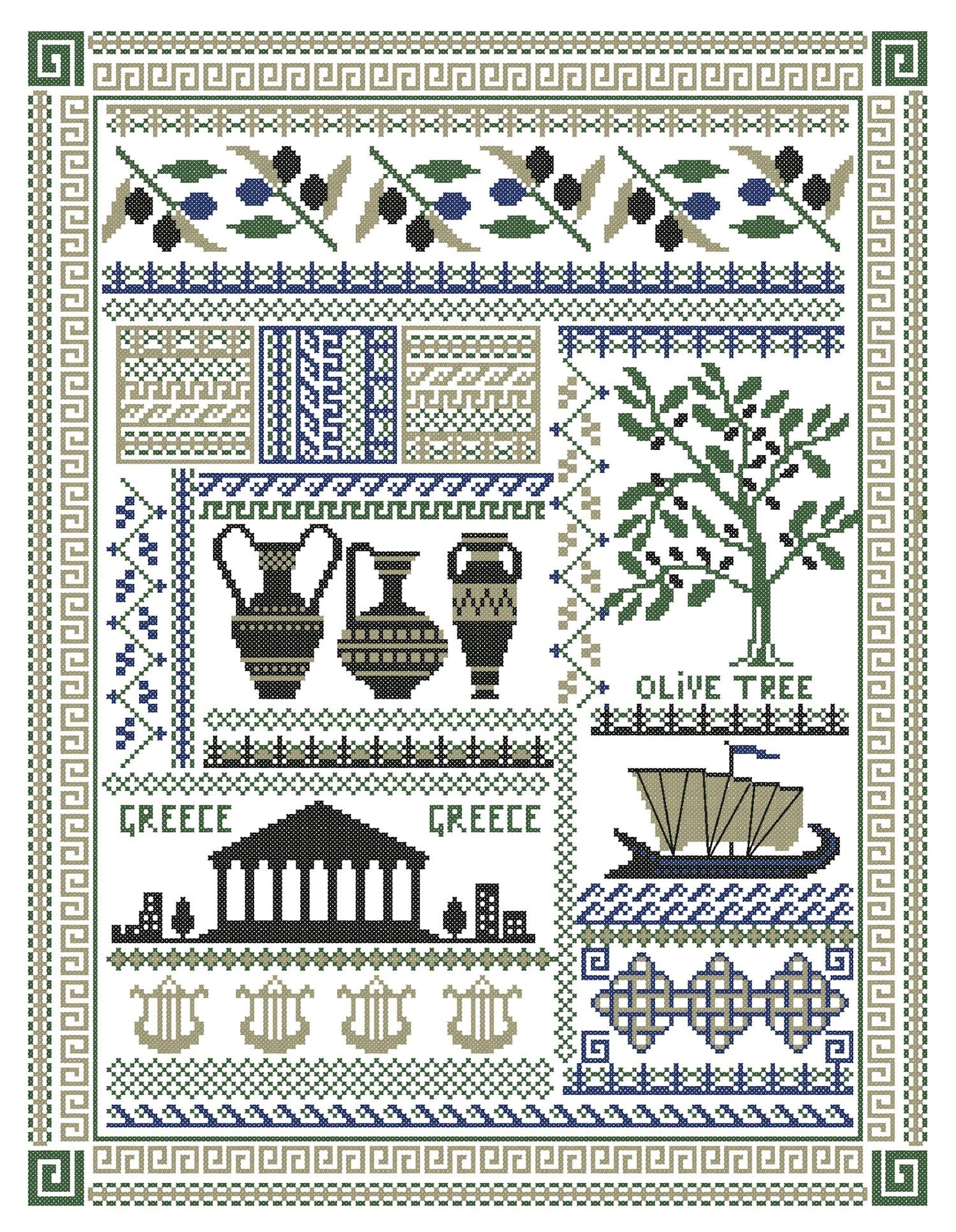 Antique Monochrome Cross Stitch Pattern Sampler Greece Etsy