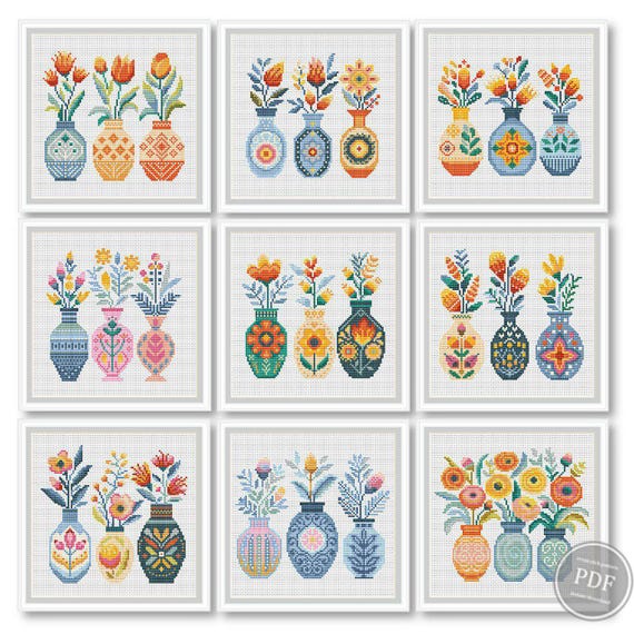 Preview of Set of 9 Cross Stitch Flowers Mini Floral Cross Stitch Sampler Small Simple Lily Tulip Rose Pattern Kit Simple Cross Stitch Tag PDF 517 by NARAxStitchPatterns