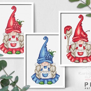 May include: Three cross-stitch patterns featuring gnomes wearing red and blue hats with different fruit and berry accents. The gnomes are holding a spoon, a raspberry, and a blueberry. The patterns are labeled "PDF PATTERN" and "Rainbow Hunter".