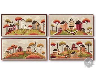 Autumn Village Cross Stitch Set PDF, 4 Patterns of Hill, Village, Fall, Pumpkin Embroidery Sampler, Rustic Home Decor, Digital Download #360