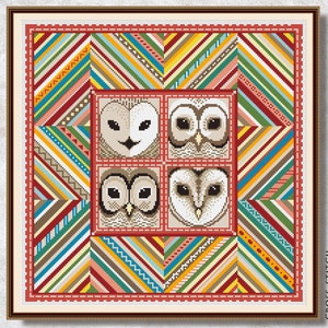 Búhos edredón patrón de punto de cruz PDF Sampler xstitch Cuadrados búho patchwork Gráfico de punto de cruz moderno Bordado Descarga instantánea