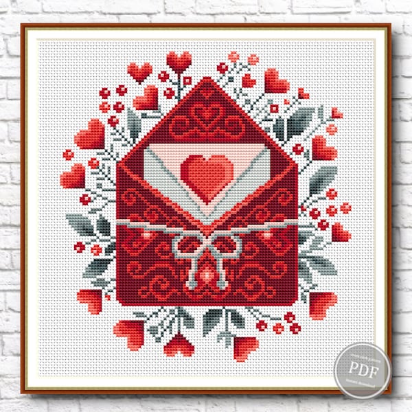 Patrones de punto de cruz para San Valentín. Corazón de letras. Me encanta el bordado. Punto de cruz sencillo. Archivo digital Descargar PDF