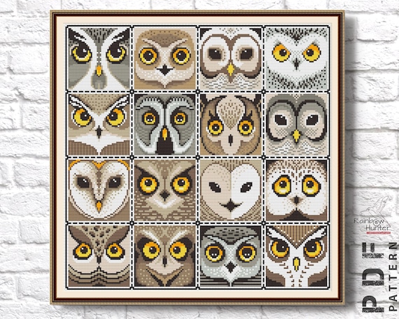 Preview of Owl Patchwork Cross Stitch Sampler xstitch Squares owl Modern owl cross stitch chart Pattern PDF Simple Embroidery by NARAxStitchPatterns