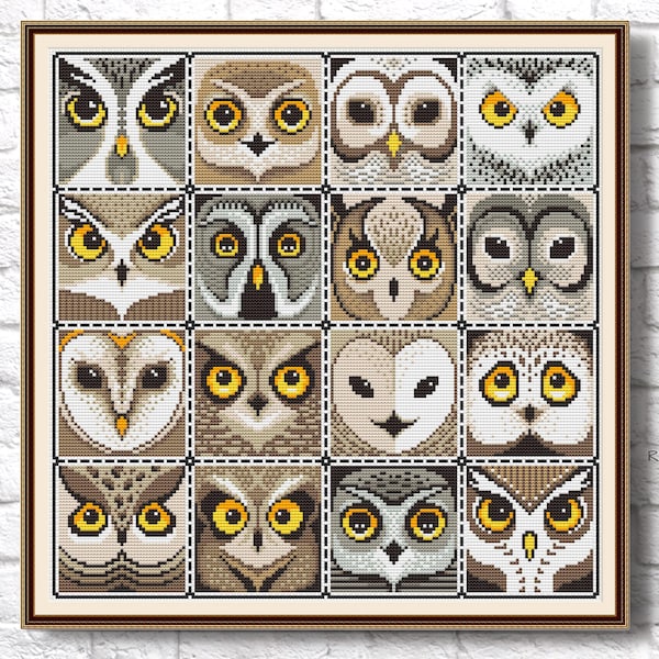 Owl Patchwork Cross Stitch Sampler xstitch Squares owl Modern owl cross stitch chart Pattern PDF Simple Embroidery