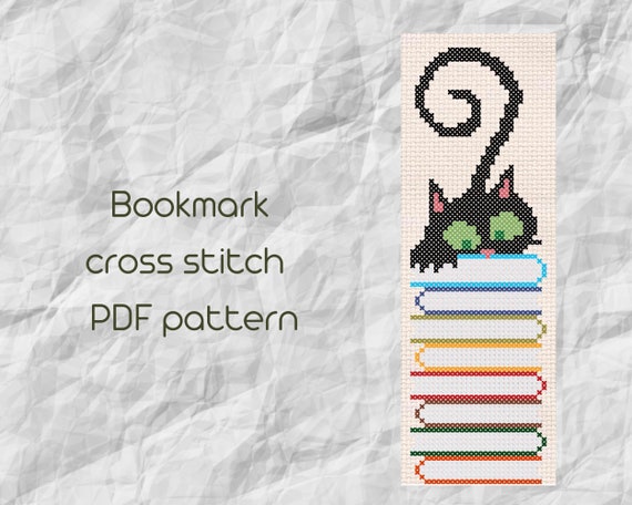 Preview of Bookmark cross stitch pattern / Cat books cross stitch / Easy cross stitch /  PDF Pattern / PDF Instant Download by NARAxStitchPatterns