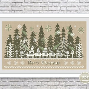 Kreuzstich Stickmuster PDF – Frohe Weihnachten, Frohes neues Jahr, Schneebedeckte Tannenbäume, Winter Stickdatei, Weihnachtsgeschenk