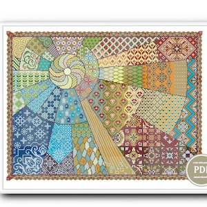 Op de afbeelding: Een kleurrijk kruissteekpatroon met verschillende geometrische ontwerpen in tinten blauw, groen, rood en geel. Het patroon is in een cirkelvormige vorm gerangschikt met een centrale spiraal.