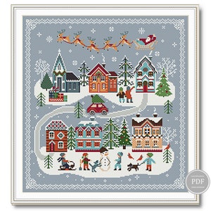 Christmas Cross Stitch Pattern PDF - Santa Claus Flying Over Village - Holiday Winter Gift Sampler - Modern Christmas Embroidery Design 253