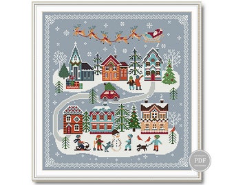 Christmas Cross Stitch Pattern PDF - Santa Claus Flying Over Village - Holiday Winter Gift Sampler - Modern Christmas Embroidery Design 253