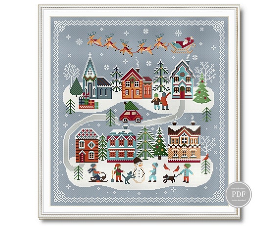 Preview of Christmas Cross Stitch Pattern PDF - Santa Claus Flying Over Village - Holiday Winter Gift Sampler - Modern Christmas Embroidery Design 253 by NARAxStitchPatterns