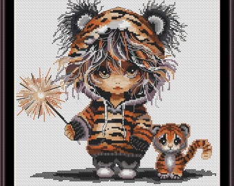 Patrón de punto de cruz de tigre en PDF, arte de pared para habitación infantil de niña y cachorro de tigre, decoración de habitación infantil con temática de safari, descarga instantánea 570