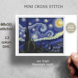 Mini cross stitch pattern Modern tiny art - Van Gogh - Moonlight night miniature painting cross stitch PDF pattern